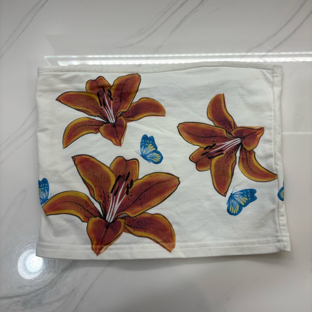 Edikted White Crop Top with Orange Floral and Blue Butterfly Print